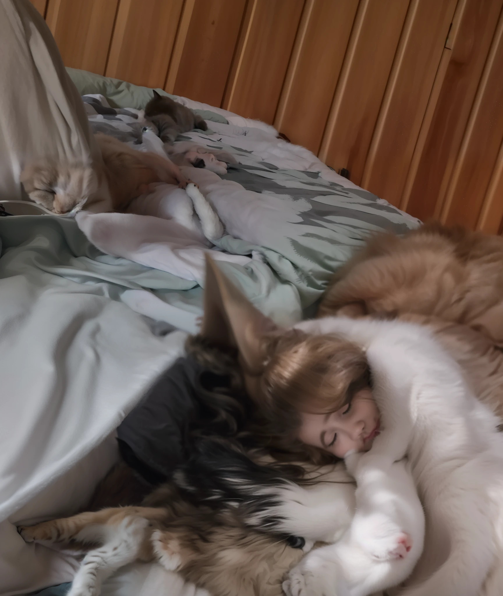 there is a cat that is laying on a bed with a blanket, she is laying on her back, he is very relaxed, a sick cat laying in a bedroom, cat sleeping, on my bed, cats on her side, there is full bedpan next to him, laying on her back on a bed, the cat is fluffy, sitting on the bed