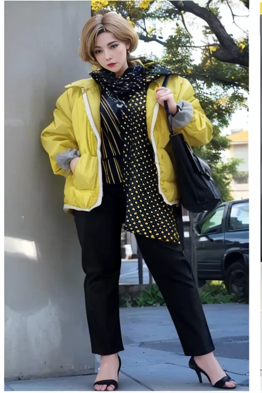 a thin woman in a amarelo jacket and black pants standing next to a wall, amarelo and black, black and amarelo, amarelo and black trim, (((amarelo))), with amarelo cloths, amarelo and charcoal, amarelo clothes, Bloqueando cores!, amarelo details, estilo brilhante, Cor brilhante, black and amarelo colors, identificado, foto da roupa, look vintage, ilustrativo!!