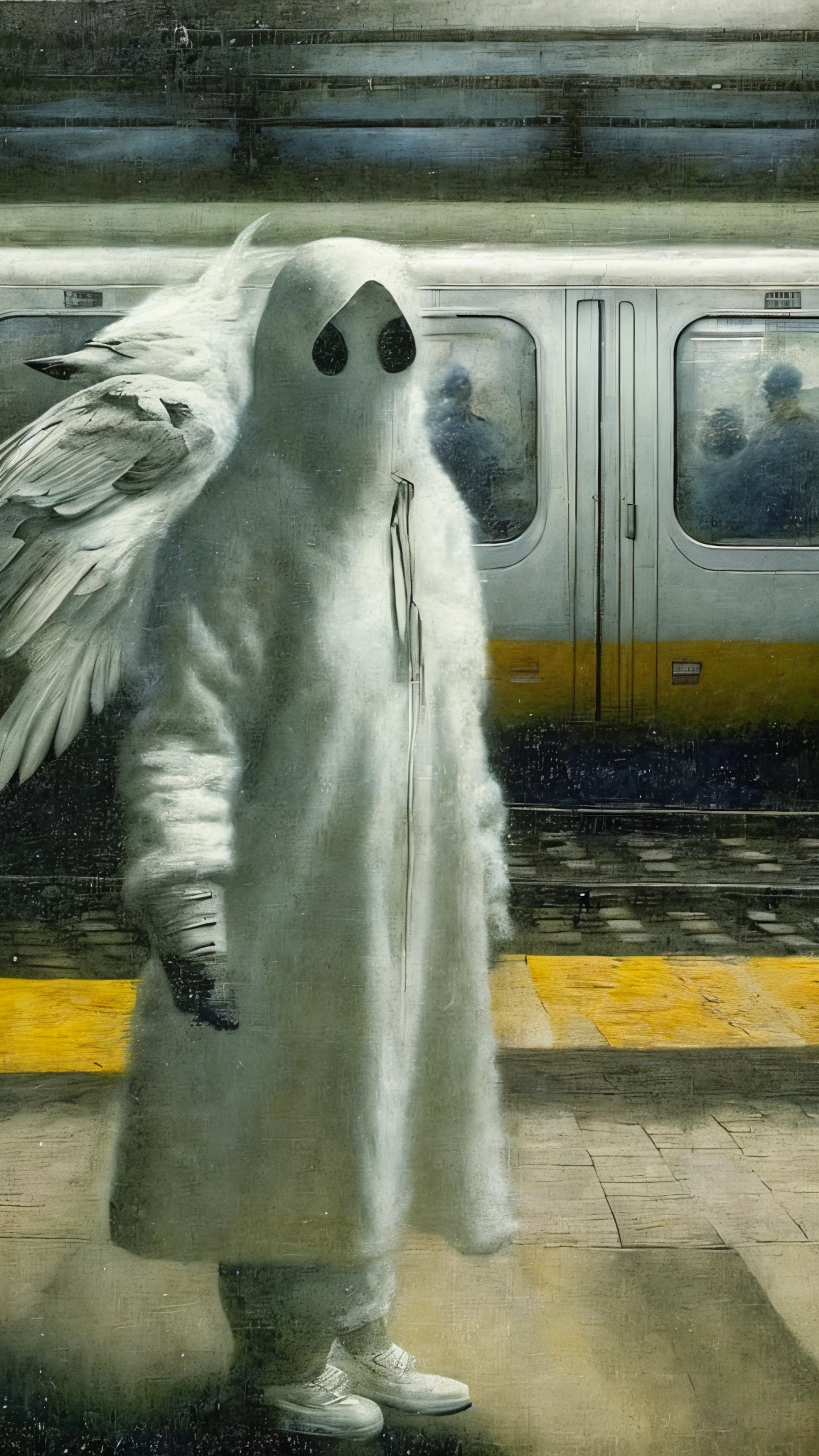 surrealism, Faceless shadow, wearing white protective clothing, There are crows flying. left the subway.