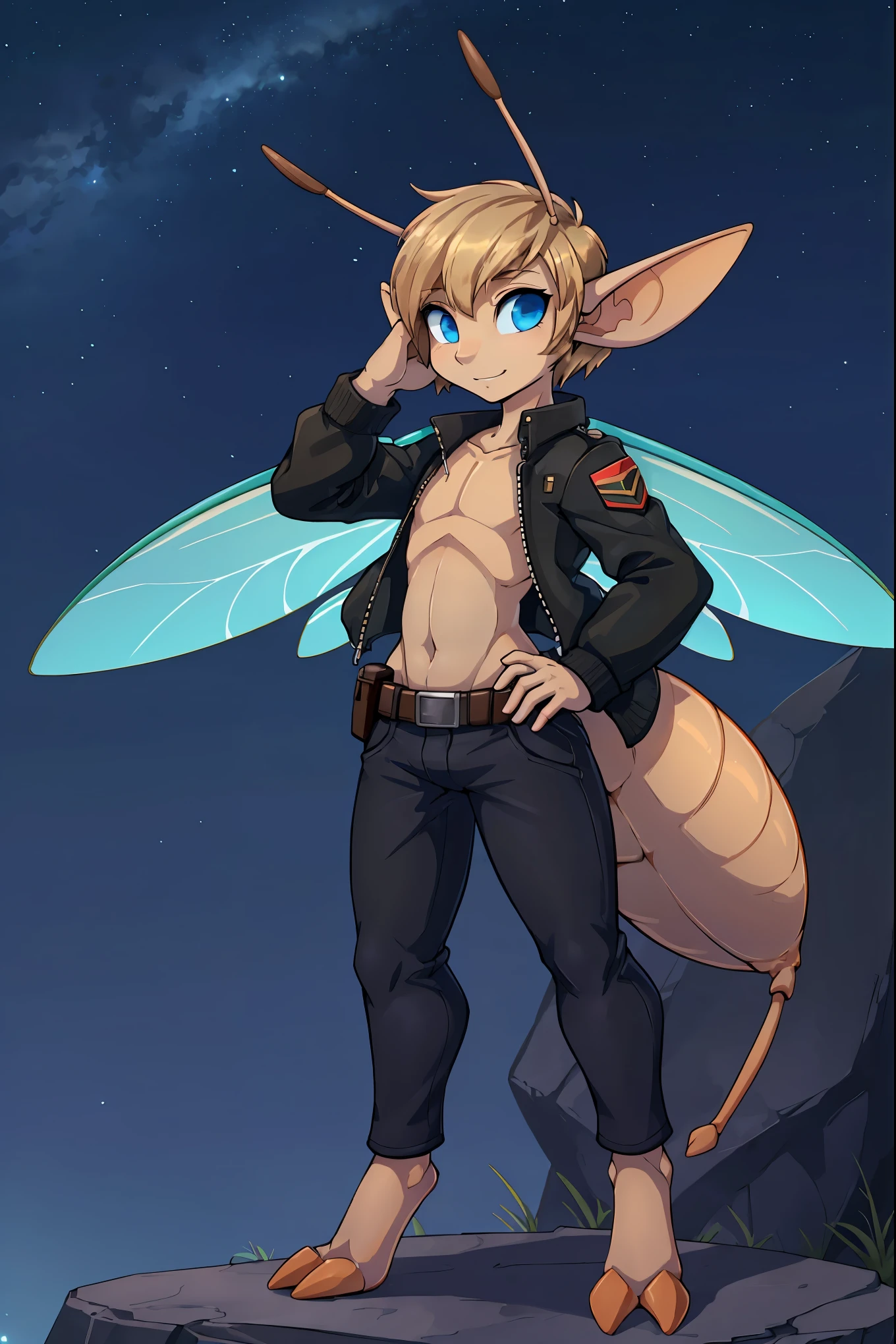 Fairy boy, cute, skinny, femboy, slim, Looking at viewer, night sky background, thin body, short hair, dark blonde hair, slicked haircut, forehead, blue eyes, utility belt, cropped jacket, ((2 ant antenna)), ant feet, proud pose, elf ears, wings on upper back, (small) anthropod abdomen, dripping adnomen