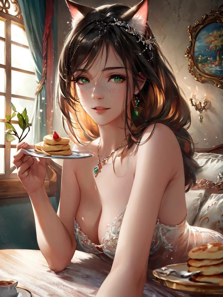anime style, super fine illustration, highly detailed, dynamic angle, beautiful detailed, 8k, In a cafe where morning sunlight streams through the window, a plate of fluffy pancakes topped with strawberries, whipped cream, and a generous dusting of powdered sugar sits on the table. A woman eats them with a happy expression, her impressionable happiness drawing the attention of those around her.very good illustration, High detail, dynamic angle, beautiful detailing,2D, (Best quality, masterpiece, Beauty, tenderness), Anime, Highly detailed face, very detailed eyes, very detailed background, Ideal lighting, Whole body, 1 girl, One, (Very detailed cat ears), (Very detailed ears behind the hair), Pink dress, green eyes, Finely detailed eyes, ears covered with hair,