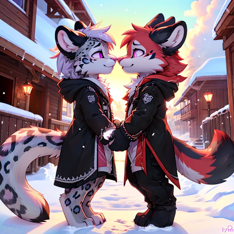 Anthropomorphic male crimson fox, with purple eyes, pink nose, black horns, black sholders, white hands, is kissing with a snow leopard with purple eyes and 4 ears, eyes closed, outside, different views, full body view, digital art.