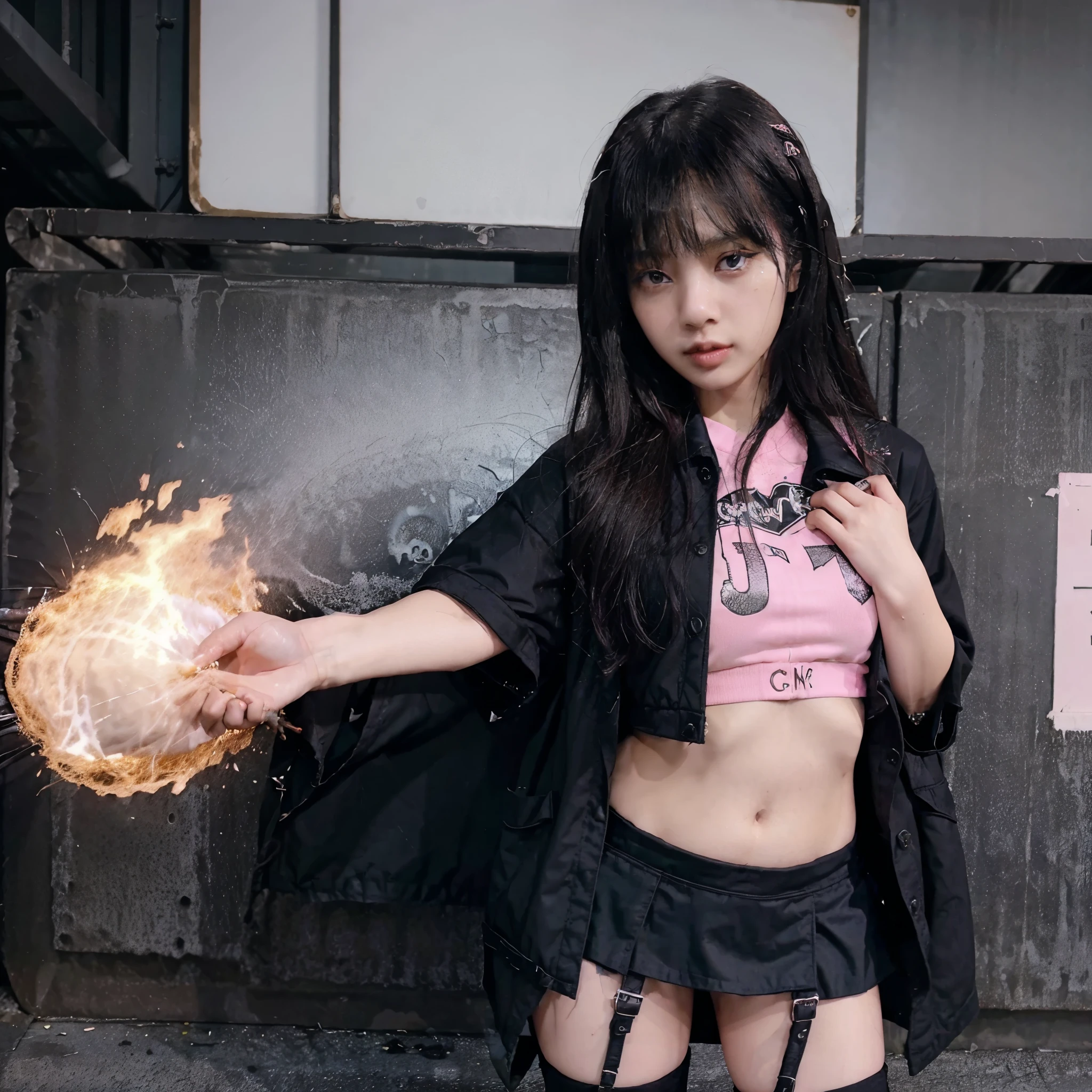 Lisa police girl outfit, black white jackets, black Barnes, wearing mini skirt, cloth colour pink black, weapon outfit, background car fire.