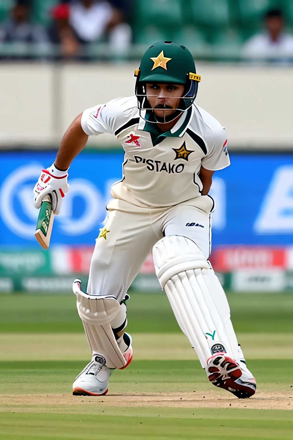 There is a boy whose name is Jam Mazhar, he is wearing the jersey of Pakistan cricket team. And the ball is kept big and is bowling spin in the cricket ground