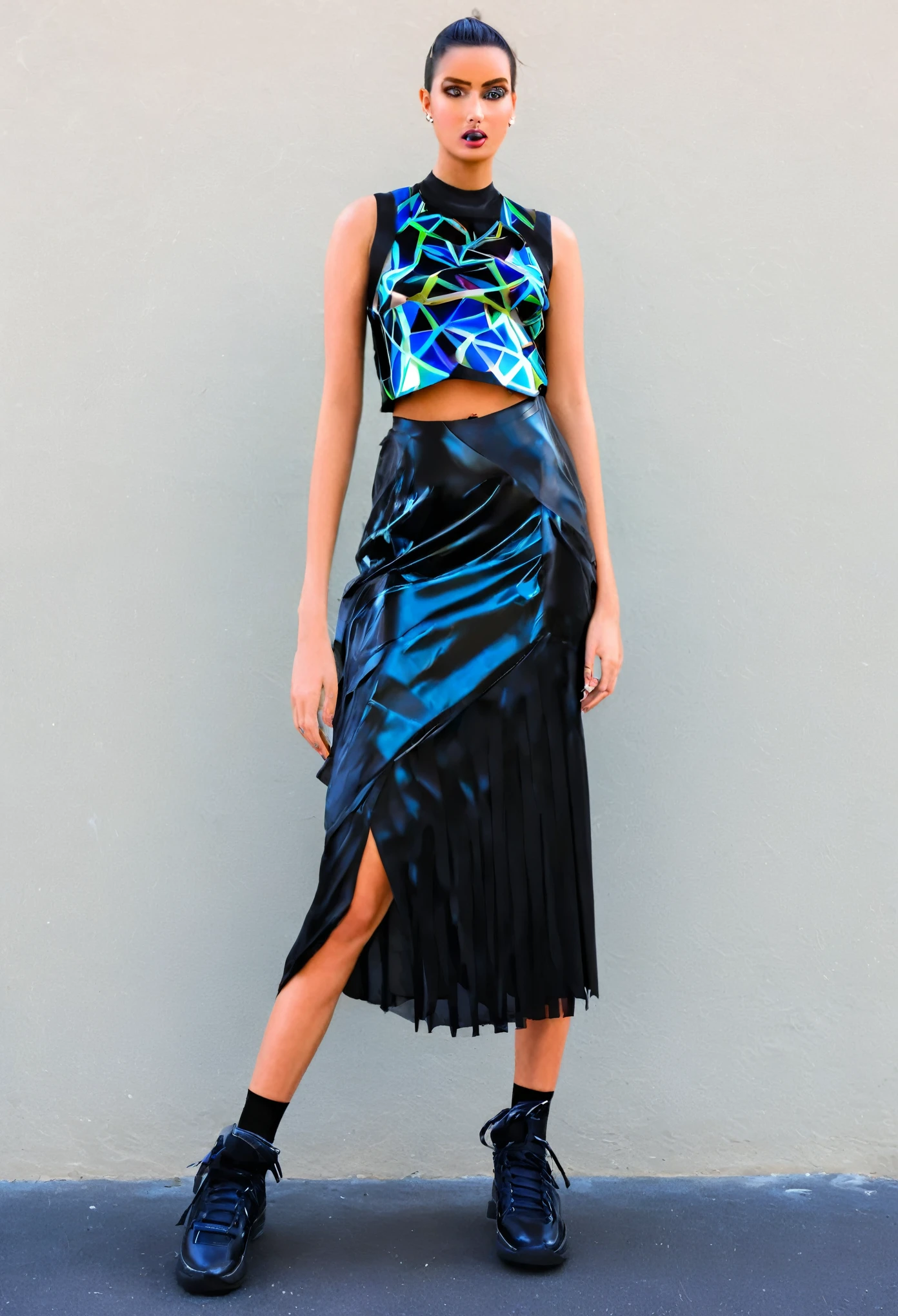 Cleo wearing a stiff a-line skirt, wearing a vest top. long Skirt, black skirt, block colors, horizontal blocks, blocks are made of shiny silk. Vest top, black leather vest, angled asymmetrical neckline, shiny. Black basketball sneakers, standing, outside, busy city piazza, wearing edgfut_clothing