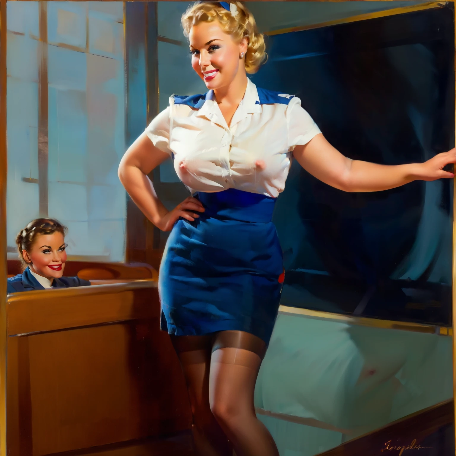 nsfw, photorealistic, beautiful face, (masterpiece:1.4), (best quality:1.4), extremely detailed, hyper-detailed, soft lighting, 38 years old beautiful 1950's pin-up stewardess standing in the aisle of a crowded airplane, big breasts, erected hard nipples, one short blonde hairbun, shaved pubic area, (perfect_face), dressed in an unbuttened white shirt and a darkblue flight attendant uniform, stewardess, lace stockings with suspender belt, high heels, golden jewellery, intricate, 4k, detailed_background, full_body, realistic, 8k, sexy, stressed smile, very stressed facial expression