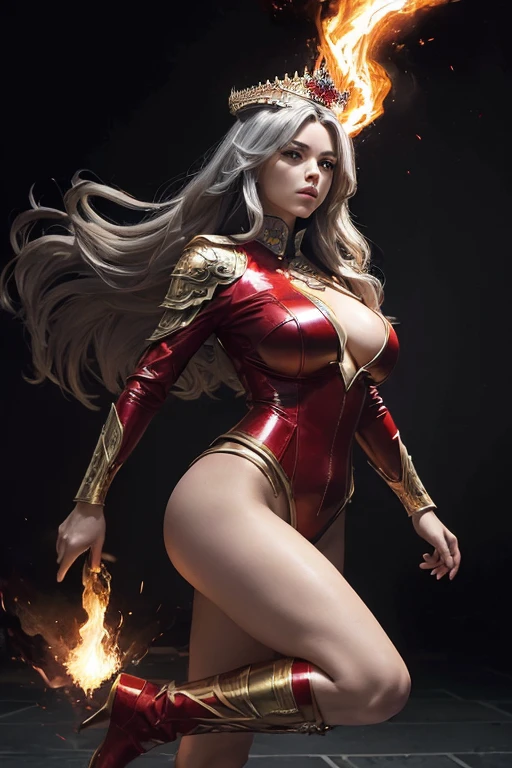 (master piece:1.8), (best quality:1.8), (exquisite lighting and shadow, highly dramatic picture, cinematic lens effect) 8k, wallpaper, dynamic pose, one foot in the floor one bend leg in the air, Full Body super y female long dark silver hair waving in the air dark fantasy warrior lady wearing an elaborate futuristic thin super hero red and white suit with white lines no sleeves, with a big shiny gold crown with red gems, with large middle thighs red leather boots, holding two fire bal the air, thin waist, notorious hips, super sexy girfrown look in the eyes, fire explosion behind, ethereal lightning, sharp focus