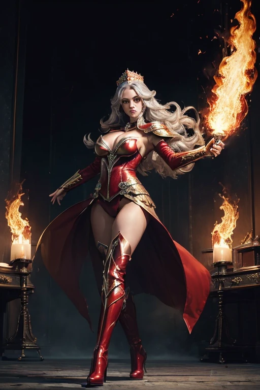(master piece:1.8), (best quality:1.8), (exquisite lighting and shadow, highly dramatic picture, cinematic lens effect) 8k, wallpaper, dynamic pose, one foot in the floor one bend leg in the air, Full Body super sexy female long dark silver hair waving in the air dark fantasy warrior lady wearing an elaborate futuristic thin super hero red and white suit with white lines no sleeves, with a big shiny gold crown with red gems, with large middle thighs red leather boots, holding two fire balls in the air, thin waist, notorious hips, super sexy girl, frown look in the eyes, fire explosion behind, ethereal lightning, sharp focus