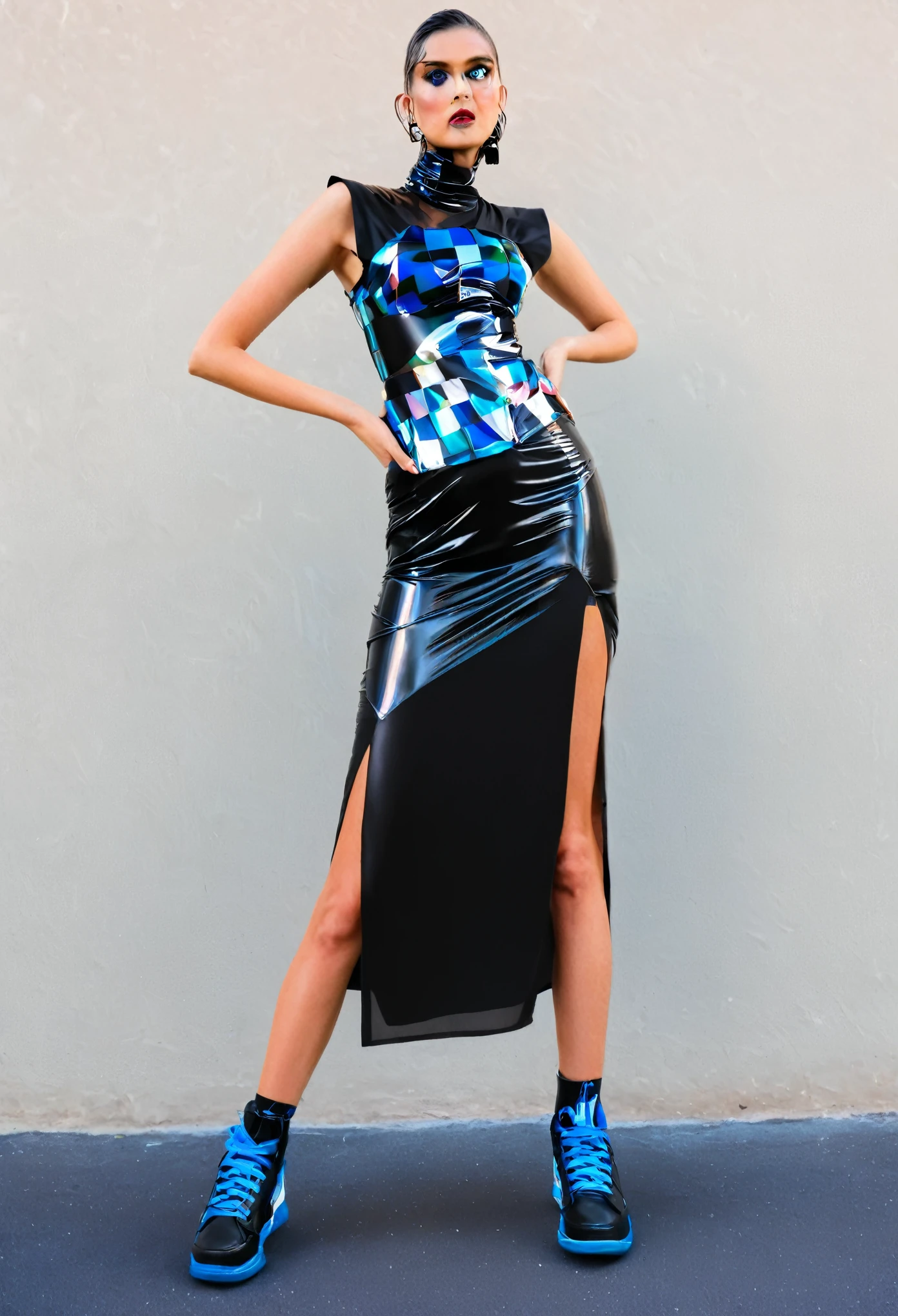 Cleo wearing a stiff a-line skirt, wearing a vest top. long Skirt, black skirt, block colors, horizontal blocks, blocks are made of shiny silk. Vest top, black leather vest, angled asymmetrical neckline, shiny. Black basketball sneakers, standing, outside, busy city piazza, wearing edgfut_clothing