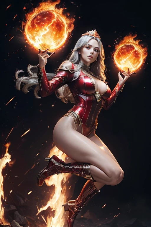 (master piece:1.8), (best quality:1.8), (exquisite lighting and shadow, highly dramatic picture, cinematic lens effect) 8k, wallpaper, dynamic pose, jumping with one bend leg in the air, Full Body super sexy female long dark silver hair waving in the air dark fantasy warrior lady wearing an elaborate futuristic thin super hero red and white suit with white lines no sleeves, with a big shiny gold crown with red gems, with large middle thighs red leather boots, holding two fire balls in the air, thin waist, notorious hips, super sexy girl, frown look in the eyes, fire explosion behind, ethereal lightning, sharp focus
