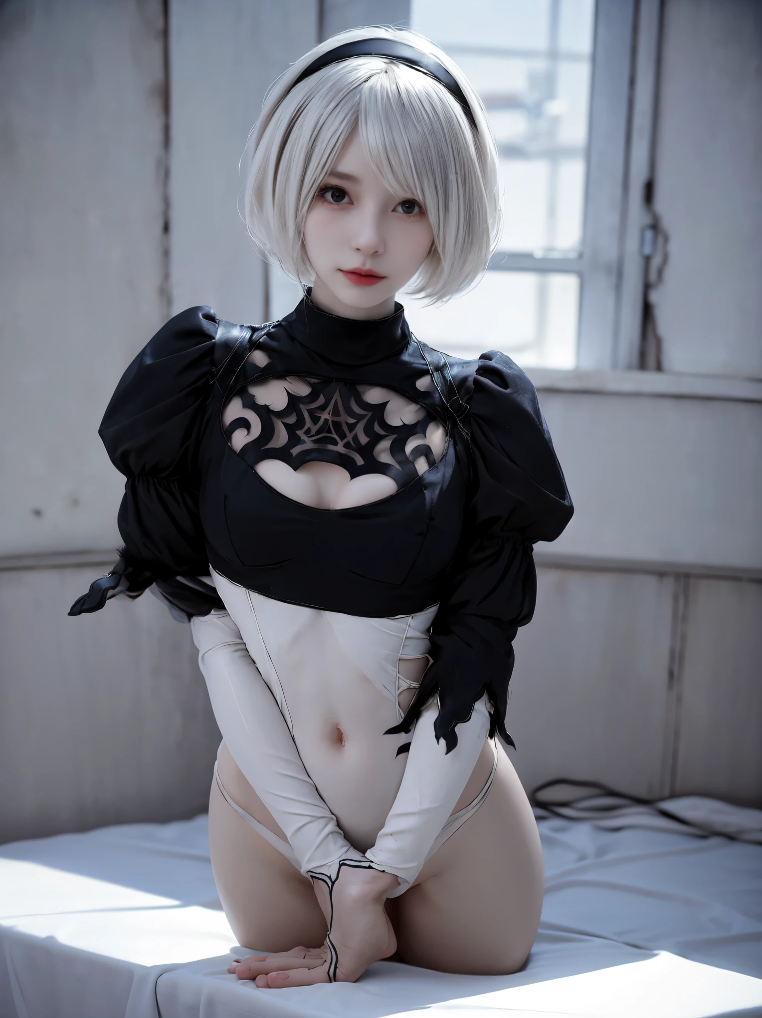 nier:Beautiful cosplay of 2B from Automata、2B、A woman cosplaying as 2B、White skin、tall、Great style、Small face、Small nose、Sharp Eye、Beautiful Face、Beautiful face、30 years old、British women、Half British、nier:2B&#39;s black costume from Automata、Light background、Fantasyな都市を背景に、Cool pose、Shooting from a diagonal angle、masterpiece、highest quality、high resolution、Professional Photos、Fantasy、Glaring at the camera、Cosplay makeup style、Real Cosplay Photo、Cool and beautiful photos、Portrait、Wrapped in a pale white glow、like、happiness、Kindness