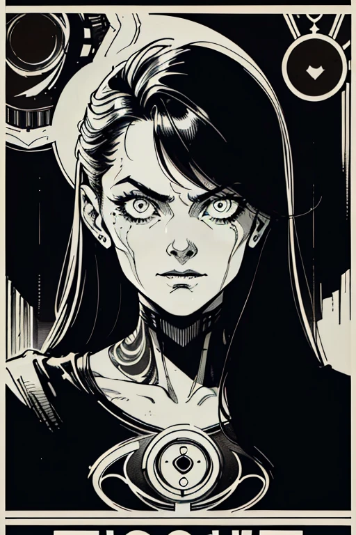 (lora:comic-000009:1.0),(black-and-white)、(extreme high contrast:1.2)、(ink art_Dark ink:1.2)、(vintage poster),1girl in,Adorable,extremely detailed eye,extra detailed face,very detail hair,8K,resolution, evil face, killer face