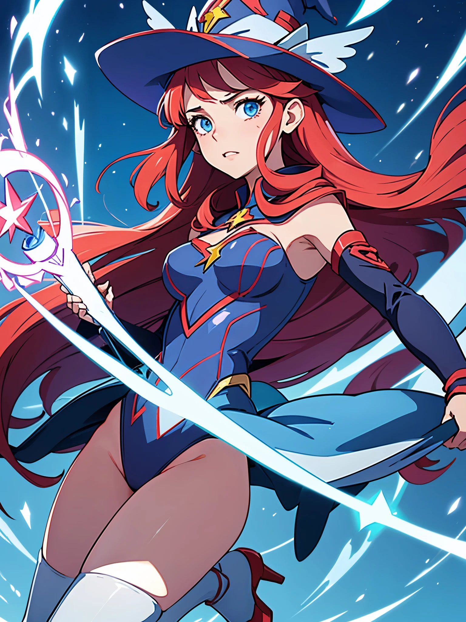 a cartoon of a woman dressed in a superhero costume holding a wand, witch academia, superhero sorceress witch, glamorous angewoman digimon, sky witch, by Aguri Uchida, maya ali as a lightning mage, leotard, blue leotard with white accent, bare legs, blue thigh-highs, red high heels, witch hat, red hair, long hair, blue eyes, beautiful detailed eyes, beautiful detailed face, cute face, medium breasts, age 16-18, solo, solo focus, wonder