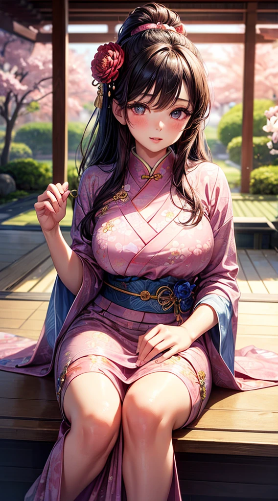 Chinese idol girl　Mature Woman　Blonde wavy hair with bangs　(Bright red rouge lips)　Chubby　Plump　Super big butt　((Rimless glasses))　　Big eyes　SakuraFubuki　((Gorgeous super shiny purple long cheongsam))　((Knee-high boots)) garter belt　8K　Photorealistic　((Cherry tree in full bloom))　(A large amount of falling cherry blossom petals)　((Sunrise at dawn))　((Sit with your back to the camera))　((Back view of a person sitting upright))　((Turn around and make eye contact))　