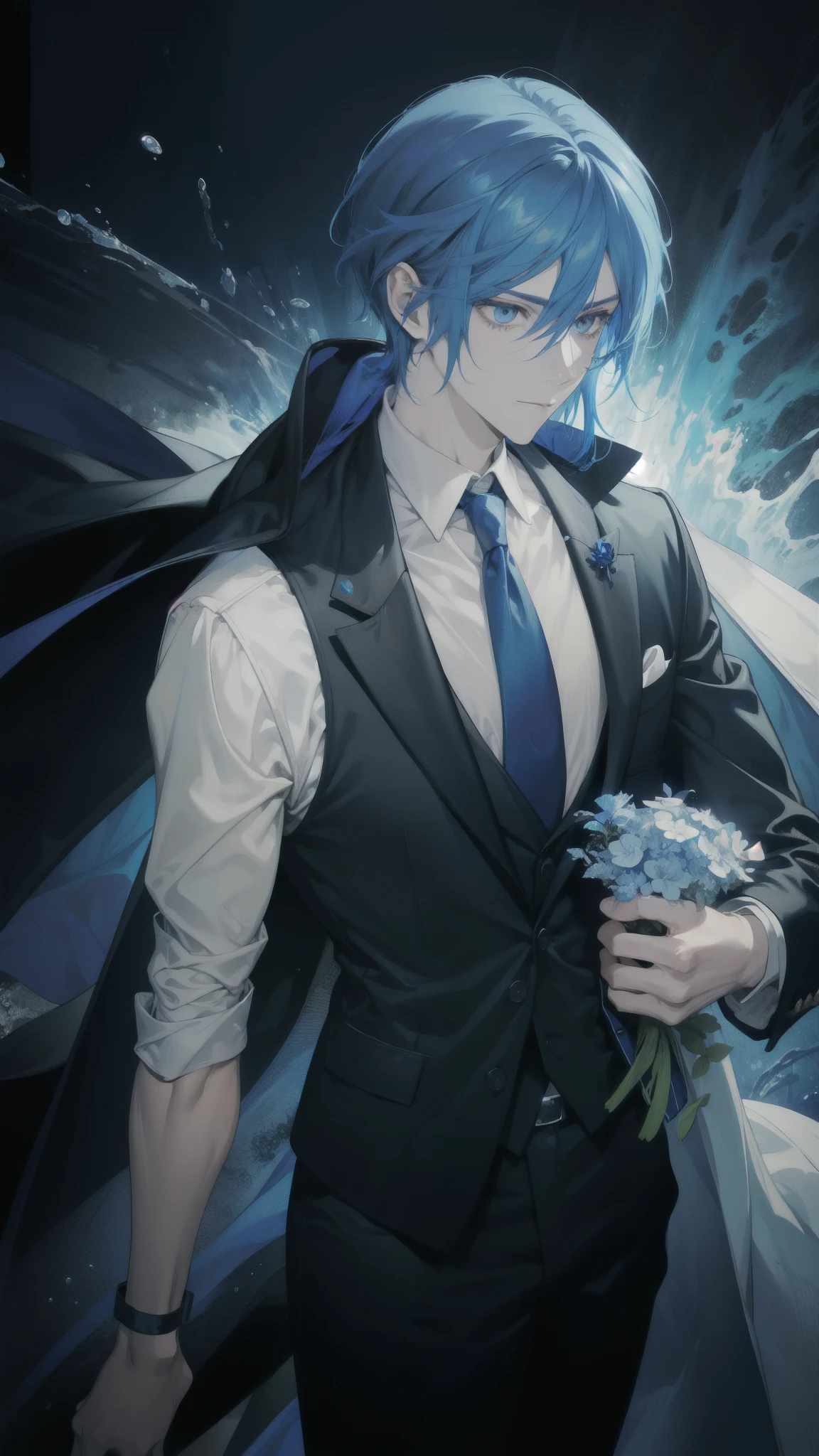 A man with blue hair. Blue eyes . He wears a black suit. He holds a brown-haired woman in His arms wearing a white, sleeveless dress. Under the sea