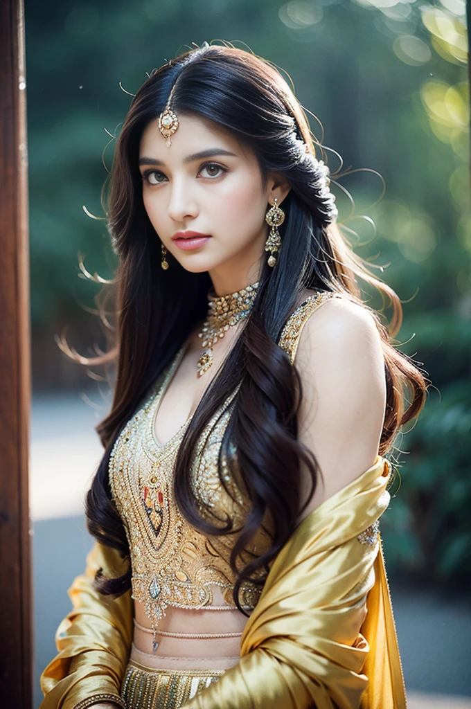 Portrait of A confident-looking Pakistani princess from Mughal empire with long flowing hair, hazel eyes, full body, standing position, bokeh, perfect composition, hyperrealistic, super detailed, 8k, high quality, trending art, trending on artstation, sharp focus, studio photo, intricate details, highly detailed, art by greg rutkowski