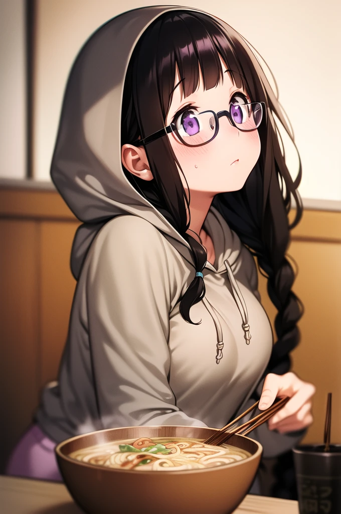 A superb exquisite Chitanda Eru, purple eyes, black long hair, 2 braids, straight bangs, (Small_breasts: large_breasts: 0.4), solo, ((ramen shop)), ((eyeglasses)), ((blush_face)), ((pleasure_expression)), ((hoodie, shorts)), chopstick, extremely delicate, straight facial features, peerless beautiful girl, soft, (kawaii), dreamy quality, light white and dark brown, exaggerated facial features, solid color, delicate face, bright lips slightly open, slender waist, soft curves, real light and shadow, super fine, 4k, natural moving, Ultra high resolution, (masterpiece:1.2, best quality), (finely detailed beautiful eyes: 1.2), (beautiful detailed face)
