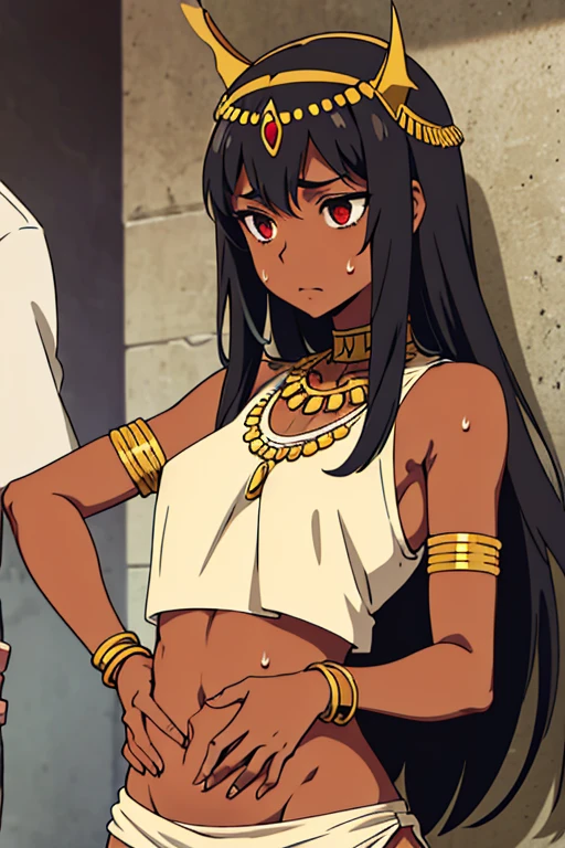 tan skinned anime Cleopatra wearing a revealing top, famished in hunger, (necklace), (gently resting hands on stomach), (sweating), (long black hair), (hands on stomach)