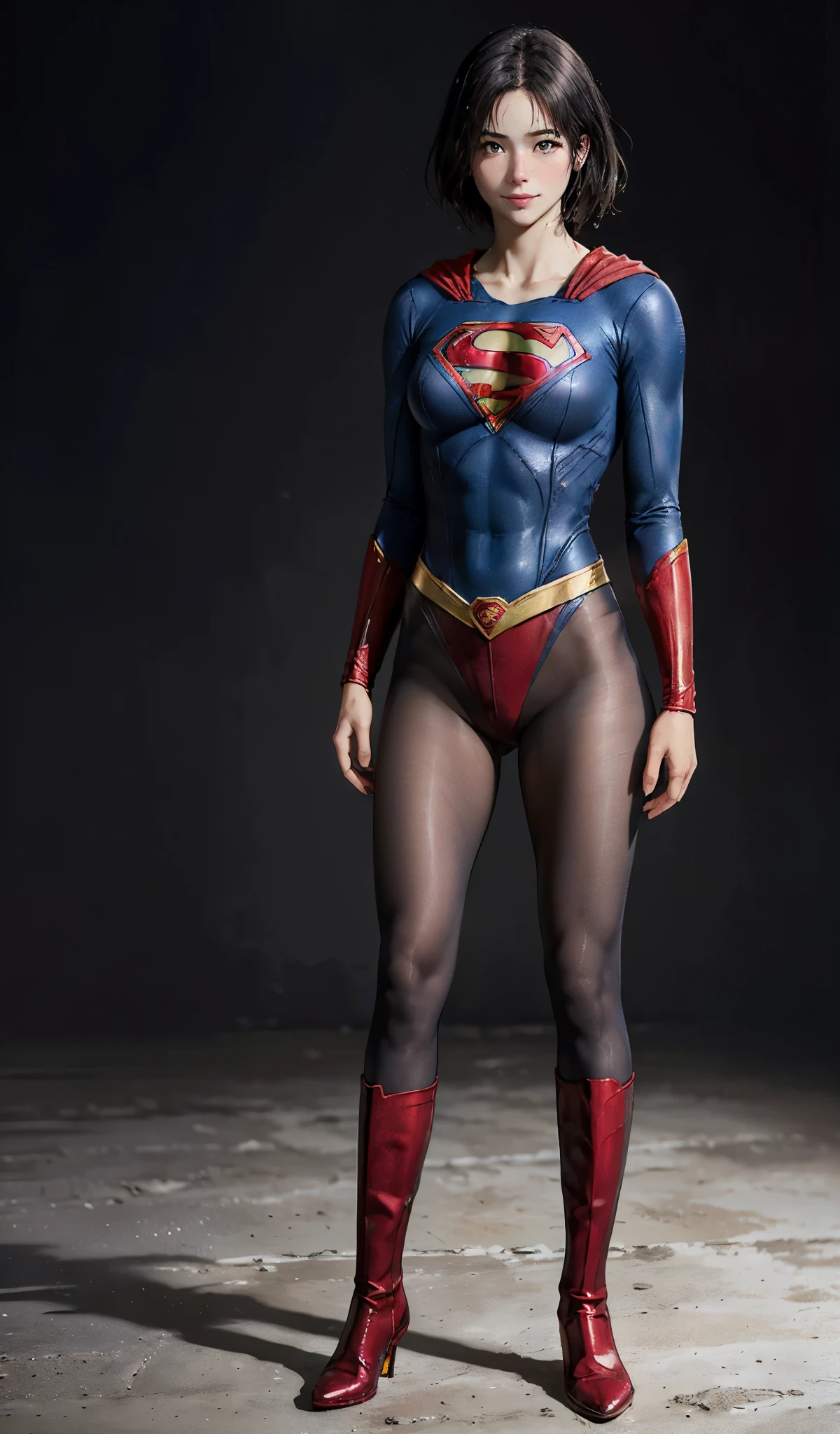 No background、(((Beautiful legs in black tights.)))、(((Legally express the beauty of your smile)))、((((Make the most of your original images)))、(((Supergirl Costume)))、(((beautiful short bob hair)))、(((suffering)))、(((Please wear black tights....、Wear red boots)))、((Best image quality、8K))、((highest quality、8K、masterpiece:1.3))、(((Preserve background )))、Sharp focus:1.2、Beautiful woman with perfect figure:1.4、Thin abdominal muscles:1.2、Wet body:1.5、Highly detailed face and skin texture、8K