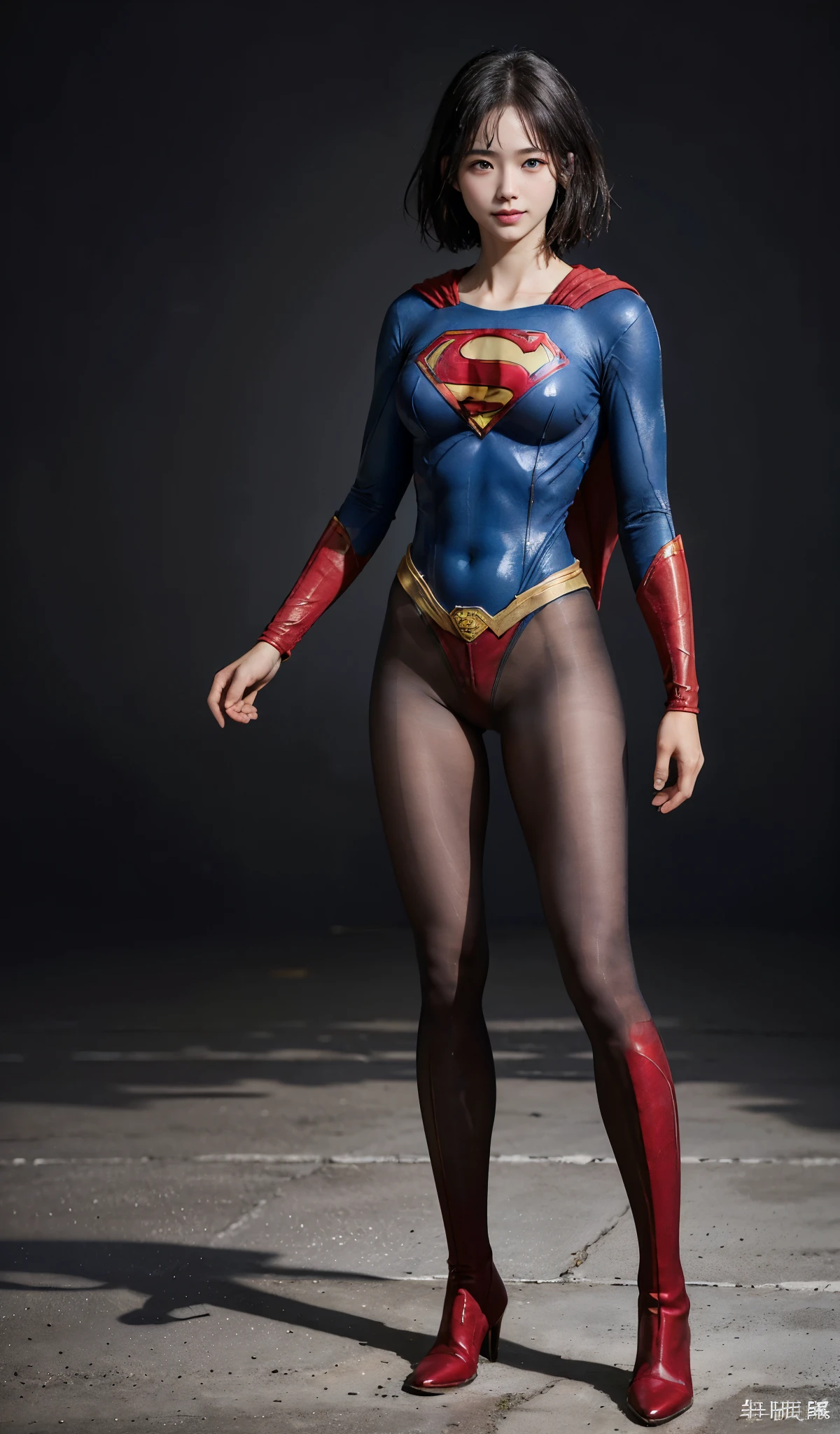 No background、(((Beautiful legs in black tights.)))、(((Legally express the beauty of your smile)))、((((Make the most of your original images)))、(((Supergirl Costume)))、(((beautiful short bob hair)))、(((suffering)))、(((Please wear black tights....、Wear red boots)))、((Best image quality、8K))、((highest quality、8K、masterpiece:1.3))、(((Preserve background )))、Sharp focus:1.2、Beautiful woman with perfect figure:1.4、Thin abdominal muscles:1.2、Wet body:1.5、Highly detailed face and skin texture、8K