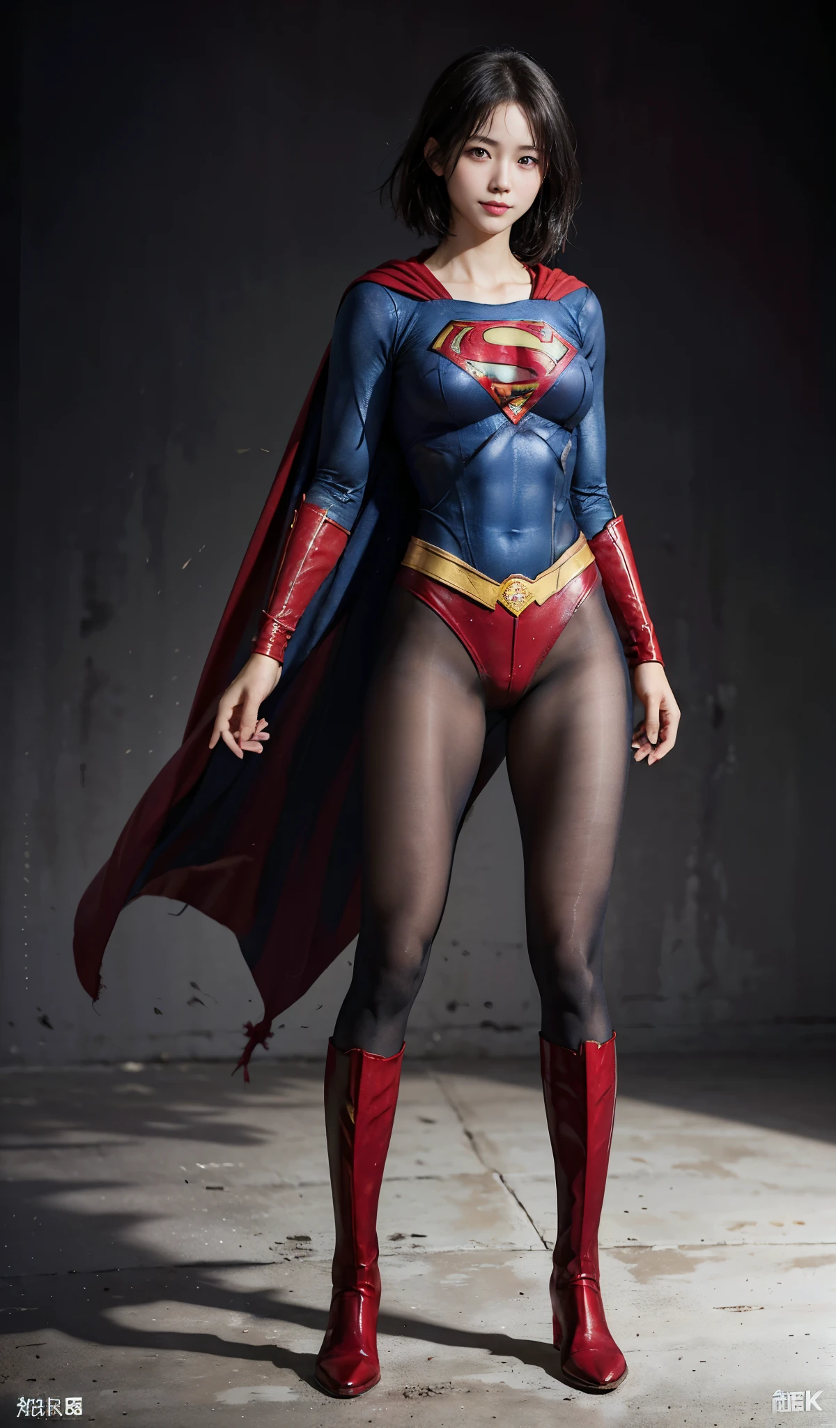 No background、(((Beautiful legs in black tights.)))、(((Legally express the beauty of your smile)))、((((Make the most of your original images)))、(((Supergirl Costume)))、(((beautiful short bob hair)))、(((suffering)))、(((Please wear black tights....、Wear red boots)))、((Best image quality、8K))、((highest quality、8K、masterpiece:1.3))、(((Preserve background )))、Sharp focus:1.2、Beautiful woman with perfect figure:1.4、Thin abdominal muscles:1.2、Wet body:1.5、Highly detailed face and skin texture、8K