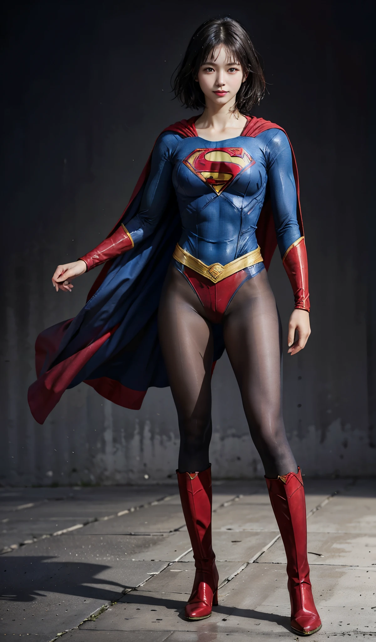 No background、(((Beautiful legs in black tights.)))、(((Legally express the beauty of your smile)))、((((Make the most of your original images)))、(((Supergirl Costume)))、(((beautiful short bob hair)))、(((suffering)))、(((Please wear black tights....、Wear red boots)))、((Best image quality、8K))、((highest quality、8K、masterpiece:1.3))、(((Preserve background )))、Sharp focus:1.2、Beautiful woman with perfect figure:1.4、Thin abdominal muscles:1.2、Wet body:1.5、Highly detailed face and skin texture、8K