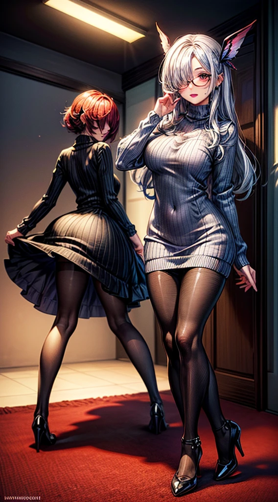 illustration, masterpiece, best quality, extremely detailed, big , slim body, slim waist, seductive face, ((hiar over one eye)), lipstick, ligh makeup, high_heels, (((sweaterdress))), ((pantyhose)), (very_long_hair), glasses,bronya zaychik (silverwing: n-ex), 