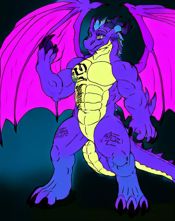 Upload to E621, (male rampage with wings anthro-dragon), Stood up, solo, super heavy，Limb fat，whaite hair, Detailed scale texture, Dragon wings, (at the battlefield), (nakeness),  black blue body，Purple blue and black blue scales，blue belly,dark blue belly，cellshading，The environment is dim，White Dragon Horn，Golden tattoo，victory pose（，（dragon gem），（（rajsha）），（kantanagamoli）），（up front view），Looks pleased，[simple backgound]，Detailed studentasterpiece artwork，Caustics, edge lit, Singlelightsource, Sharp shadows, Single portrait, (digitgrade, toe claws), (beast wild),