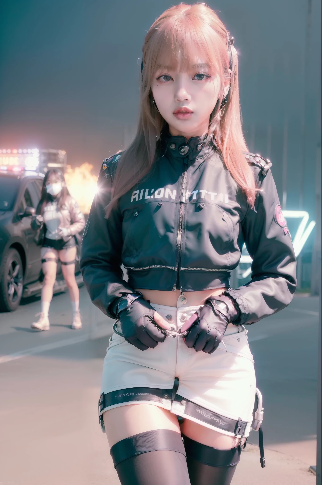 Korean girl realistic, (Top Quality, Ultra High Definition, Photorealistic:1.4), (cowboy shot:1), 1 Beautiful Armed Girl, (Kpop Idol), Detailed Face, (Hair Style: long blonde:1, fullbang, shortbob-style:1), Contrapposto, Perfect Anatomy, ((wearing Futuristic Police Racing Suits, low-mini-skirt, police wappen, High-tech Headset, military harness, racing gloves, )), (jackets colour black pink), (Cloths colors based on silver pink), (background, crashed cars, fire, (Explosion)), Completed79%