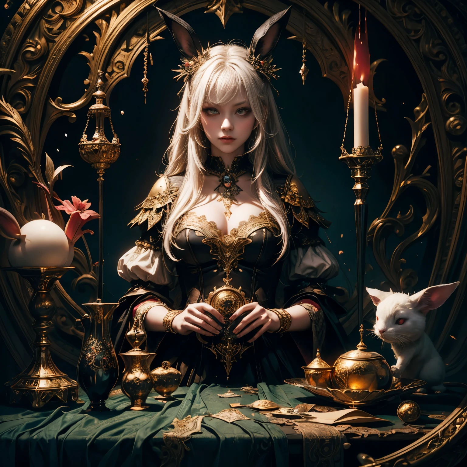 Crystal Girl, 23 years old, cute and mysterious, sitting with big eyes, a well-proportioned figure, golden hair. The background features a mystical tarot card, with a mirrored floor. It  cute and realistic, created in 3D using C4D, and available in 8k high definition --auto --s2