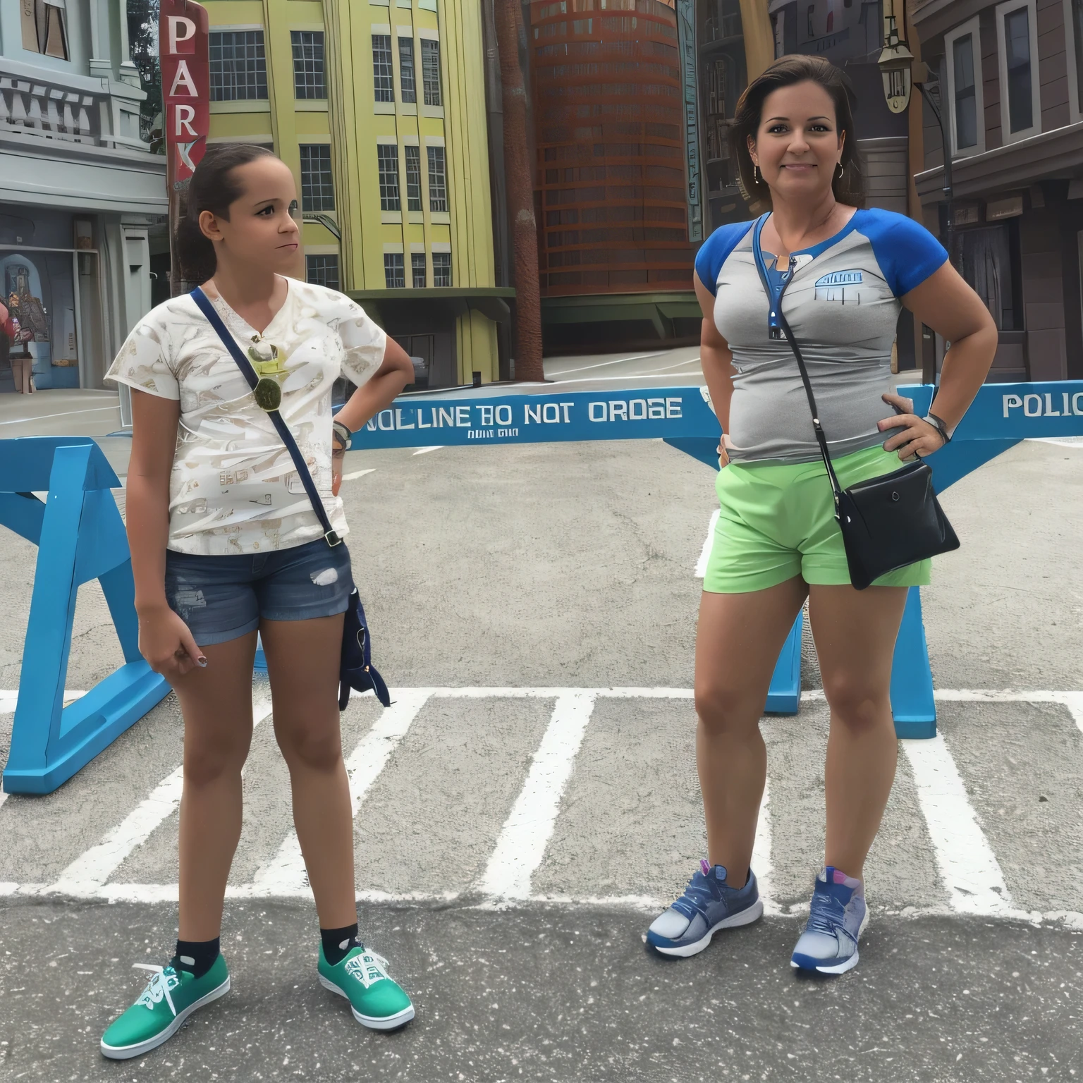 Brunette Mother about 38 years old and Brunette daughter about , in front of a police barricade, standing in the center of Disney's Hollywood Studio in Orlando, Florida, USA, standing at Disney's Hollywood Studio in Orlando, Florida, USA, wearing lime green shorts and low-cut gray t-shirt with blue collar, beautiful and well-defined face, light hair, full body photo, 35 year old woman, photo taken in 2015, Disney! !, Disney! !!!, Disney artist,.