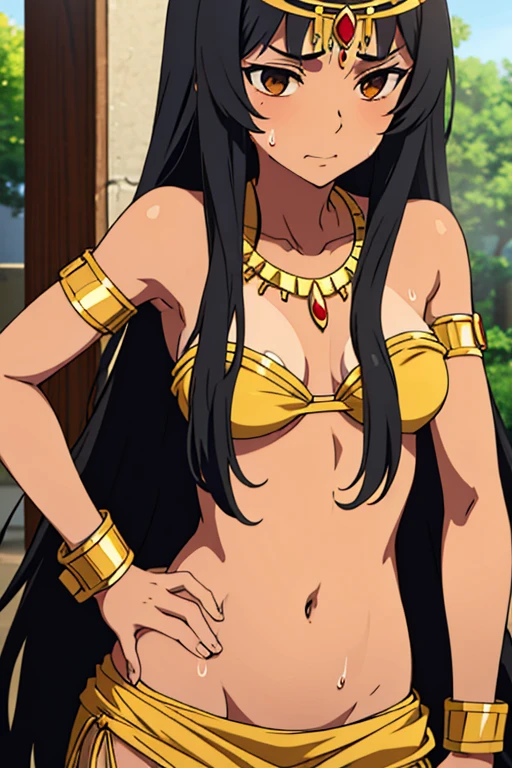 tan skinned anime Cleopatra wearing a triangle top, famished in hunger, (necklace), (gently resting hands on stomach), (sweating), (long black hair), (hands on stomach)