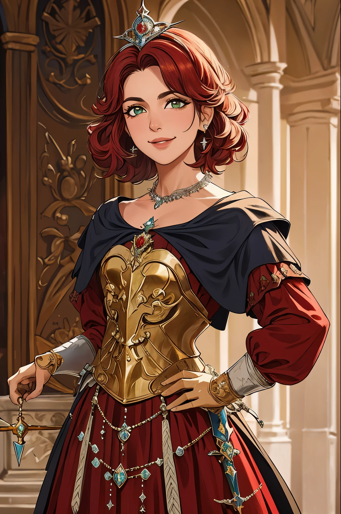 (obra-prima: 1.1), (melhor qualidade: 1.1), extremamente detalhado, (projeto original: 1.1), (Unique accessories: 1.1), (fantasia medieval: 1.1), profissionalmente retocado, (close-up: 1.1), retrato, meio-dia, (feminino: 1.1) cavaleira, espada e escudo, armadura pesada, (santo: 1.2), (divino: 1.2), (velho: 1.3), sorriso, capa vermelha, cabelo cinza curto,