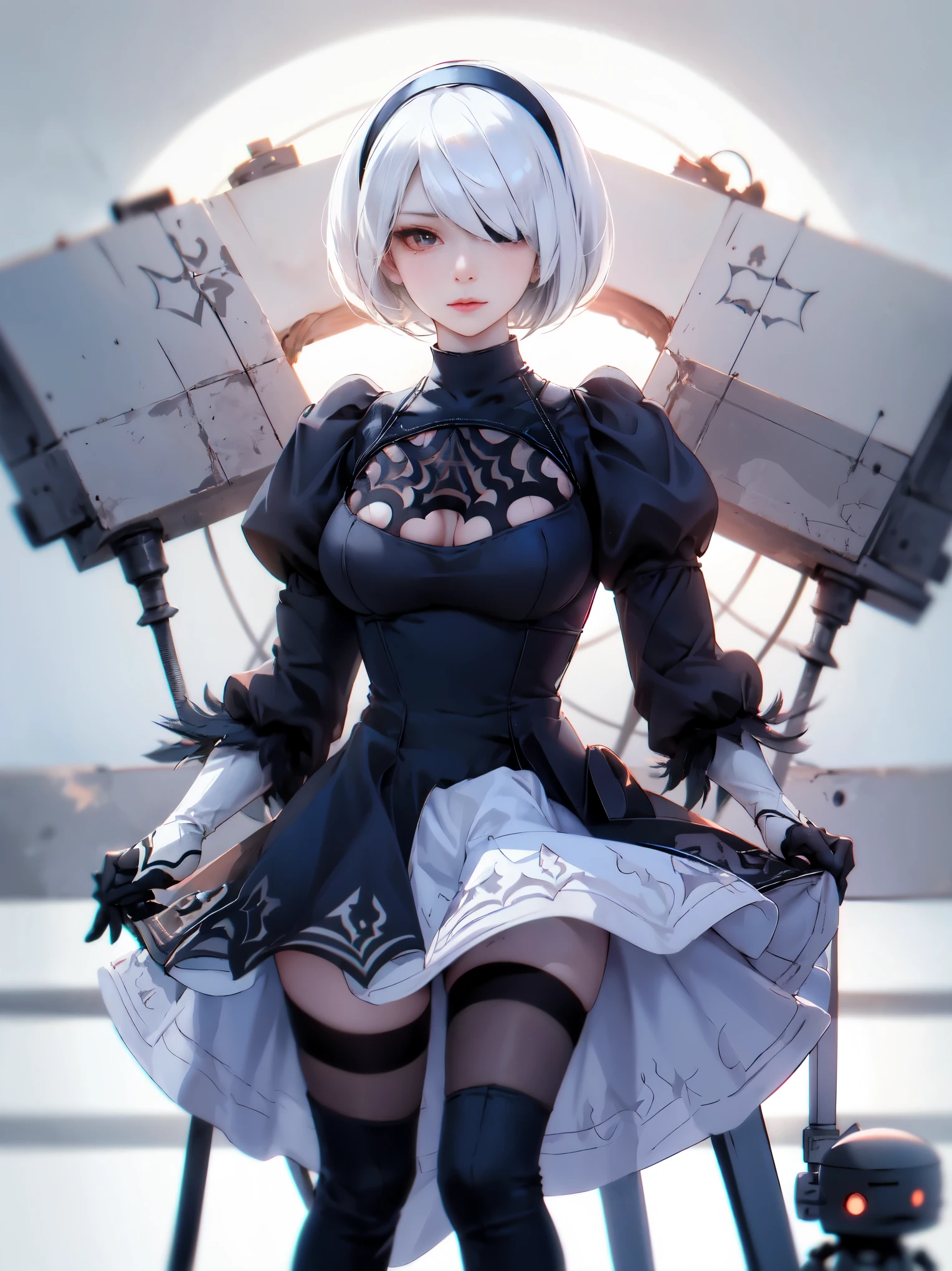 nier:Beautiful cosplay of 2B from Automata、2B、A woman cosplaying as 2B、White skin、tall、Great style、Big Breasts、Small face、High nose、Sharp Eye、Beautiful Face、Beautiful face、30 years old、British women、Half British、nier:2B&#39;s black costume from Automata、Light background、Fantasyな都市を背景に、Standing in a cool pose、Shooting from a diagonal angle、masterpiece、highest quality、high resolution、Professional Photos、Fantasy、Glaring at the camera、Cosplay makeup style、Real Cosplay Photo、Cool and beautiful photos、Portrait、Wrapped in a pale white glow、like、happiness、Kindness