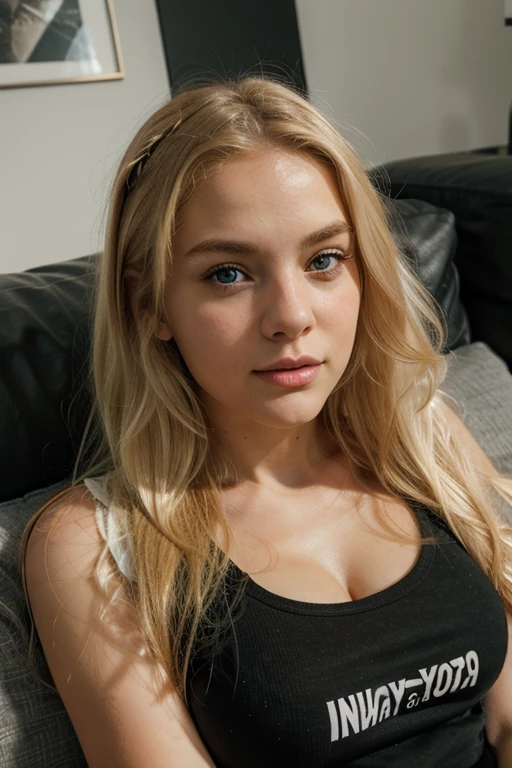 Blonde girl with blue eyes, white skin, sitting on her couch wearing black lingerie and a sleeping robe. 
