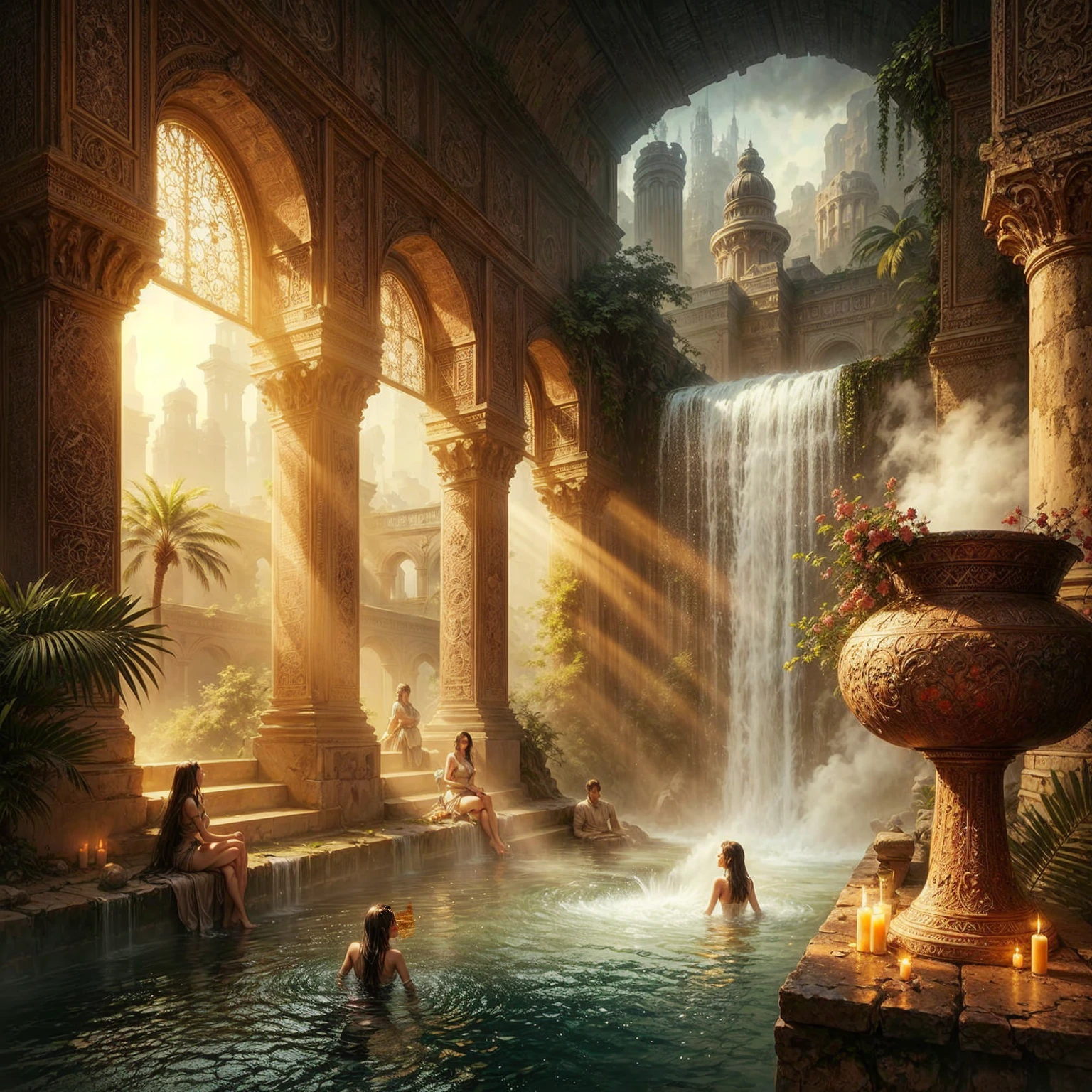 dort ist eine Frau in einem Pool mit einem Wasserfall im Hintergrund, ein Pool im Inneren des riesigen Palastes, atemberaubende Fantasy-Kunst, entspannende Konzeptkunst, extravagantes Matte Painting, ancient ruins and waterfalls, by Johfra Bosschart, Fantasieszene, Marc Simonetti. kompliziert, exquisites Matte Painting, Fantasie-Matte-Painting, inspiriert von Marc Simonetti