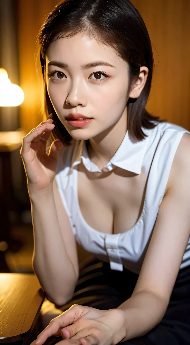 (8K, Raw photo, Best Quality, masutepiece:1.2), (Realistic, Photorealsitic:1.37), Ultra-detailed, 1 girl,Cute, Solo,Beautiful detailed sky,Detailed Cafe,Night,Sitting,Dating,(nose blush),(lightsmile:1.1), medium breasts,Beautiful detailed eyes,(Collared shirt:1.1), bowtie,Pleated skirt,(Short hair:1.2),Floating hair、See-through shirt、spread your legs a little