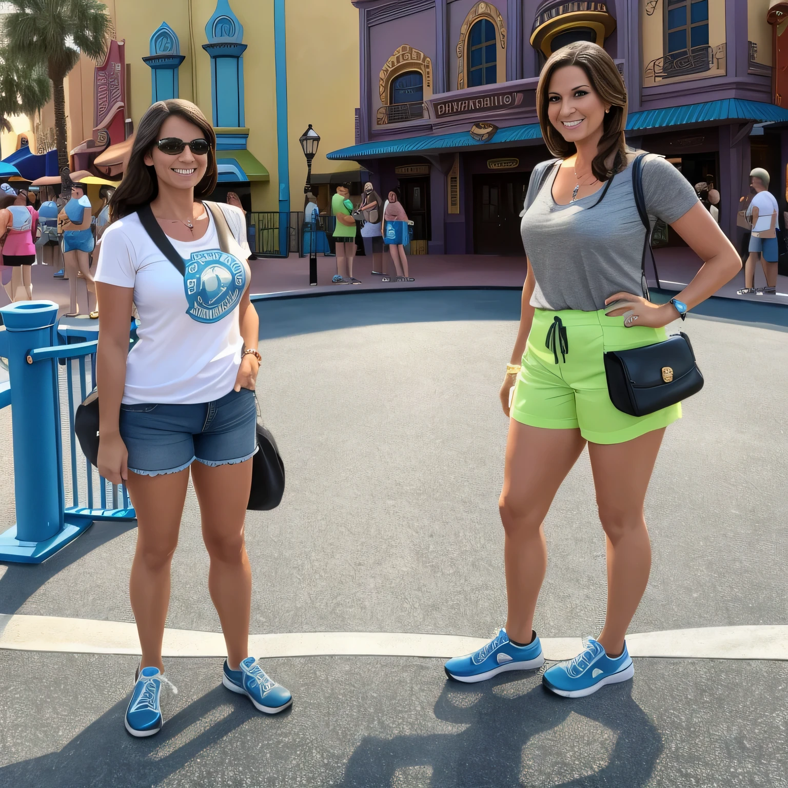 Brunette Mother about 38 years old and Brunette daughter about 13 years old, in front of a police barricade, standing in the center of Disney's Hollywood Studio in Orlando, Florida, USA, standing at Disney's Hollywood Studio in Orlando, Florida, USA, wearing lime green shorts and low-cut gray t-shirt with blue collar, beautiful and well-defined face, light hair, full body photo, 35 year old woman, photo taken in 2015, Disney! !, Disney! !!!, Disney artist,.