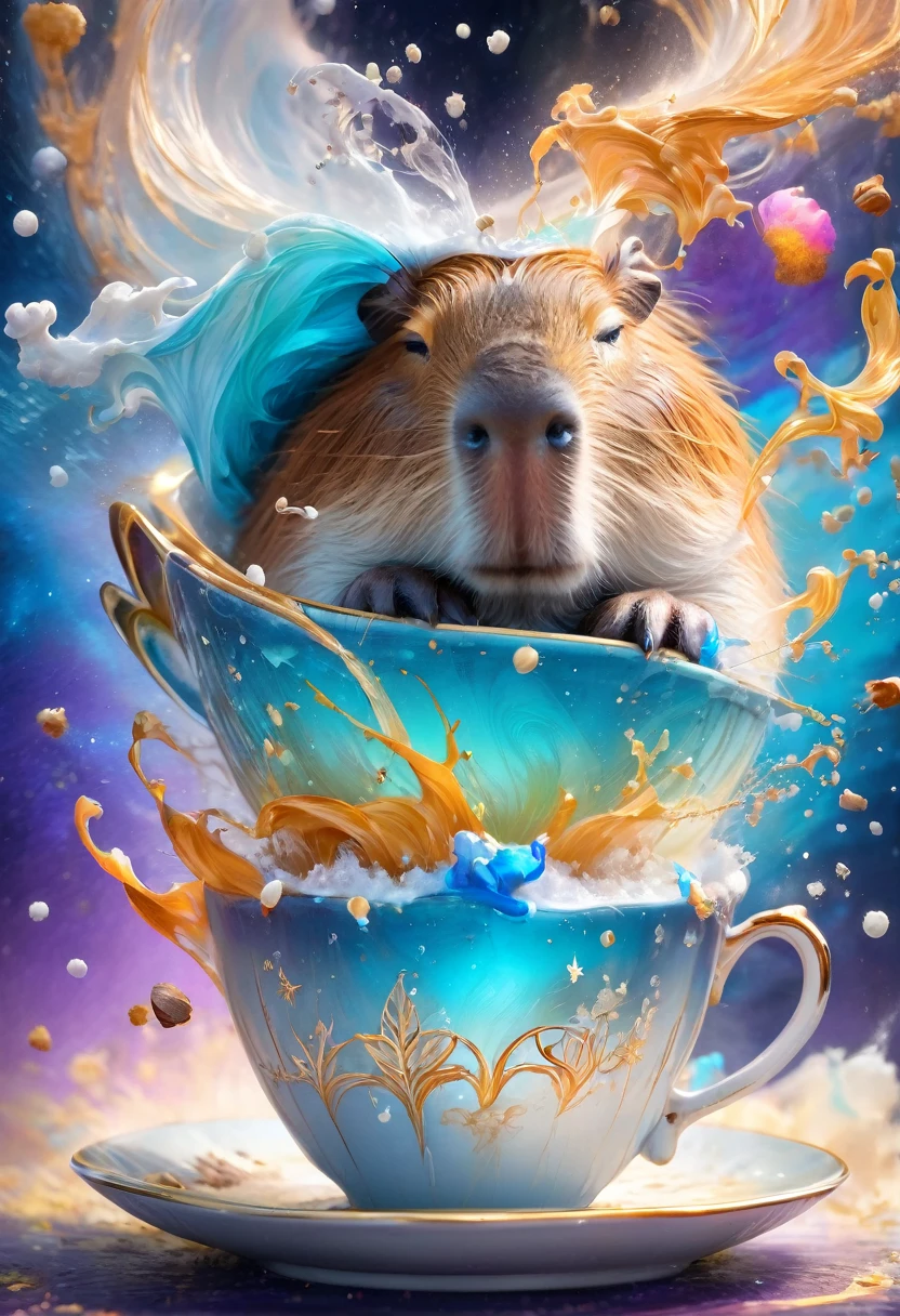 A Capybara, capybara, Capybara sleeping in teacup; cascading sugar;; blowing mist;; cinnamon cobalt and ivory, endless starscape, intricately detailed, fantasy, hyperdetailed, 8k resolution, masterpiece, stunning splash art Jordan Grimmer, Ross Tran,, and Vilijus Vaisvila, crescendo, Beautiful, complex, vibrant, brushstrokes, magical aura, perfect