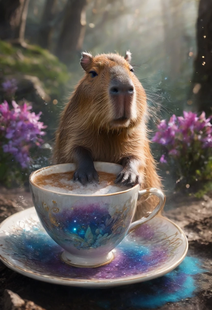 A Capybara, capybara, Capybara sleeping in teacup; cascading sugar;; blowing mist;; cinnamon cobalt and ivory, endless starscape, intricately detailed, fantasy, hyperdetailed, 8k resolution, masterpiece, stunning splash art Jordan Grimmer, Ross Tran,, and Vilijus Vaisvila, crescendo, Beautiful, complex, vibrant, brushstrokes, magical aura, perfect