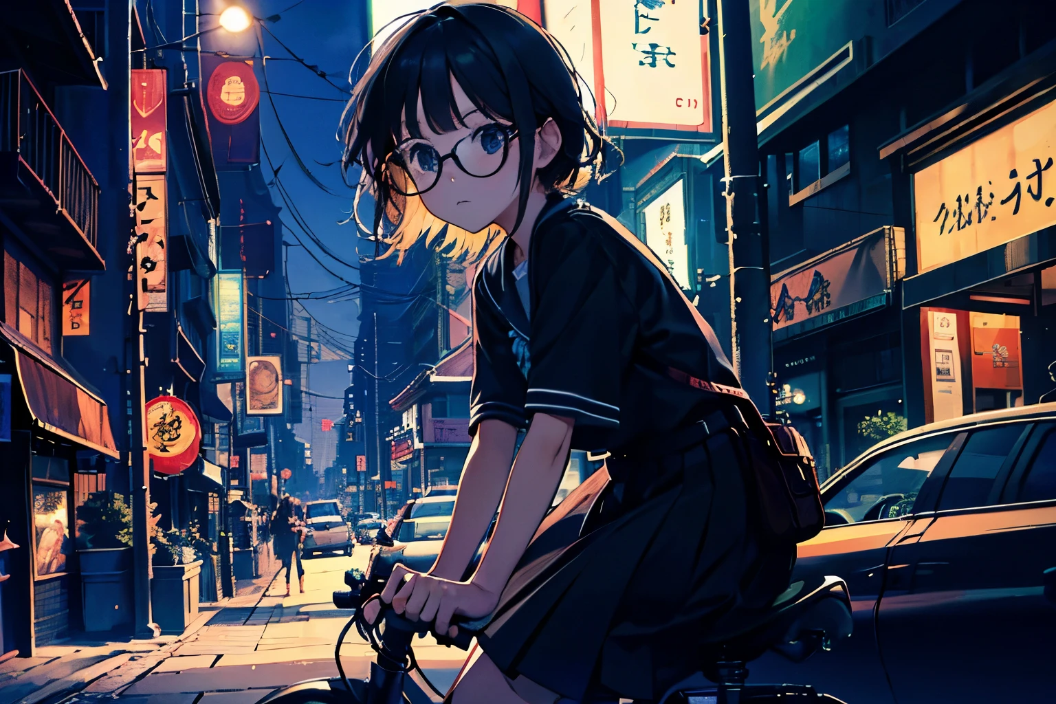 (at night),In a busy downtown area at night, while passersby are bustling about, a middle school girl in a sailor uniform is riding in a foreign car driven by a man wearing sunglasses and an Hawaiian shirt, sticking her head out of the passenger seat and looking out at the street. 