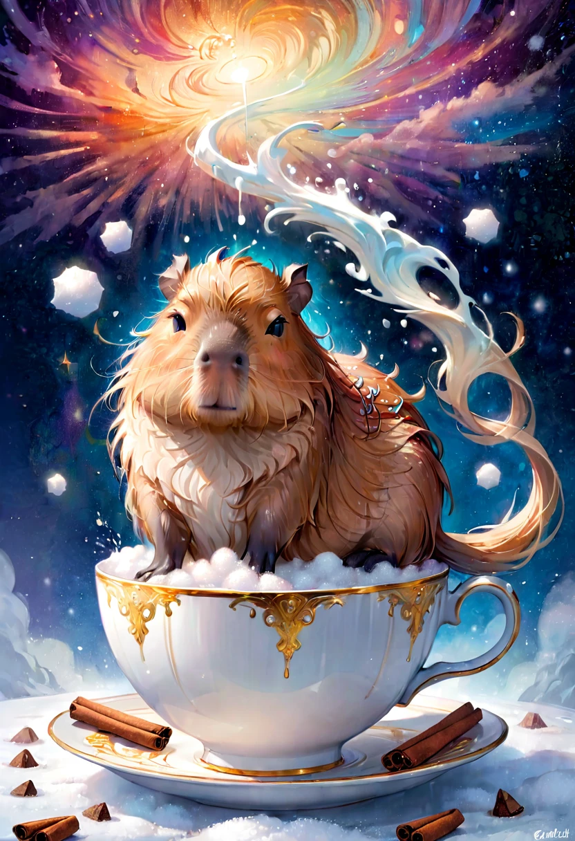 A Capybara, capybara, Capybara sleeping in teacup; cascading sugar;; blowing mist;; cinnamon cobalt and ivory, endless starscape, intricately detailed, fantasy, hyperdetailed, 8k resolution, masterpiece, stunning splash art Jordan Grimmer, Ross Tran,, and Vilijus Vaisvila, crescendo, Beautiful, complex, vibrant, brushstrokes, magical aura, perfect