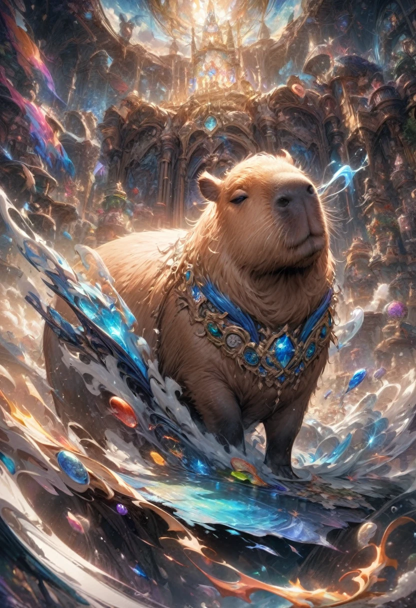 A Capybara, capybara, Capybara sleeping in teacup; cascading sugar;; blowing mist;; cinnamon cobalt and ivory, endless starscape, intricately detailed, fantasy, hyperdetailed, 8k resolution, masterpiece, stunning splash art Jordan Grimmer, Ross Tran,, and Vilijus Vaisvila, crescendo, Beautiful, complex, vibrant, brushstrokes, magical aura, perfect