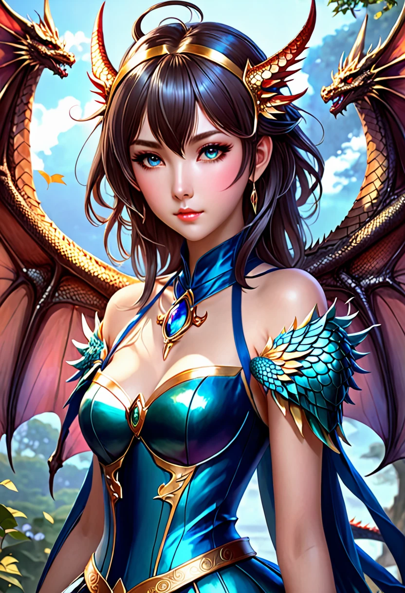 ((best quality)), ((masterpiece)), (detailed), realistic eyes, beautiful face, godess face, angel face ,half black hairand half blond hair, yellow green eyes, big breasts,big butt, sexy body, red and yellow setin dress, evil landscape, ethereal beauty, (fantasy illustration:1.3), charming look, captivating pose, solo girl, supernatural charm, mystical sky, (anime), moonlit night, soft colors, (detailed cloudy landscape:1.3), (high resolution:1.2) (small bluish dragon on girl's shoulder) dress, on a hill, an army passing far away in a gorge below.