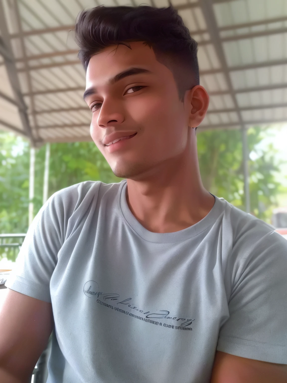 there is a man sitting at a table with a plate of food, around 1 9 years old, nivanh chanthara, with accurate face, thawan duchanee, jayison devadas, mohamed chahin, portait photo profile picture, with kind face, face picture, selfie photo, portait image, front profile!!!!, ayan nag