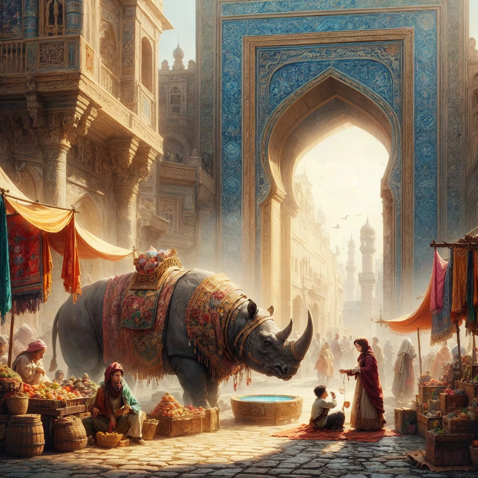 There is a painting of a rhinoceros in a market with people, extremely realistic concept art, a beautiful artwork illustration, beautiful concept art, beautiful 3D concept art, beautiful digital artwork, erstaunlich exquisites Matte Painting, atemberaubendes Foto, echte Konzeptkunst, kompliziert matte painting, aufwendige Mattmalerei, Marc Simonetti. kompliziert, extravagantes Matte Painting, Fantasie-Matte-Painting，