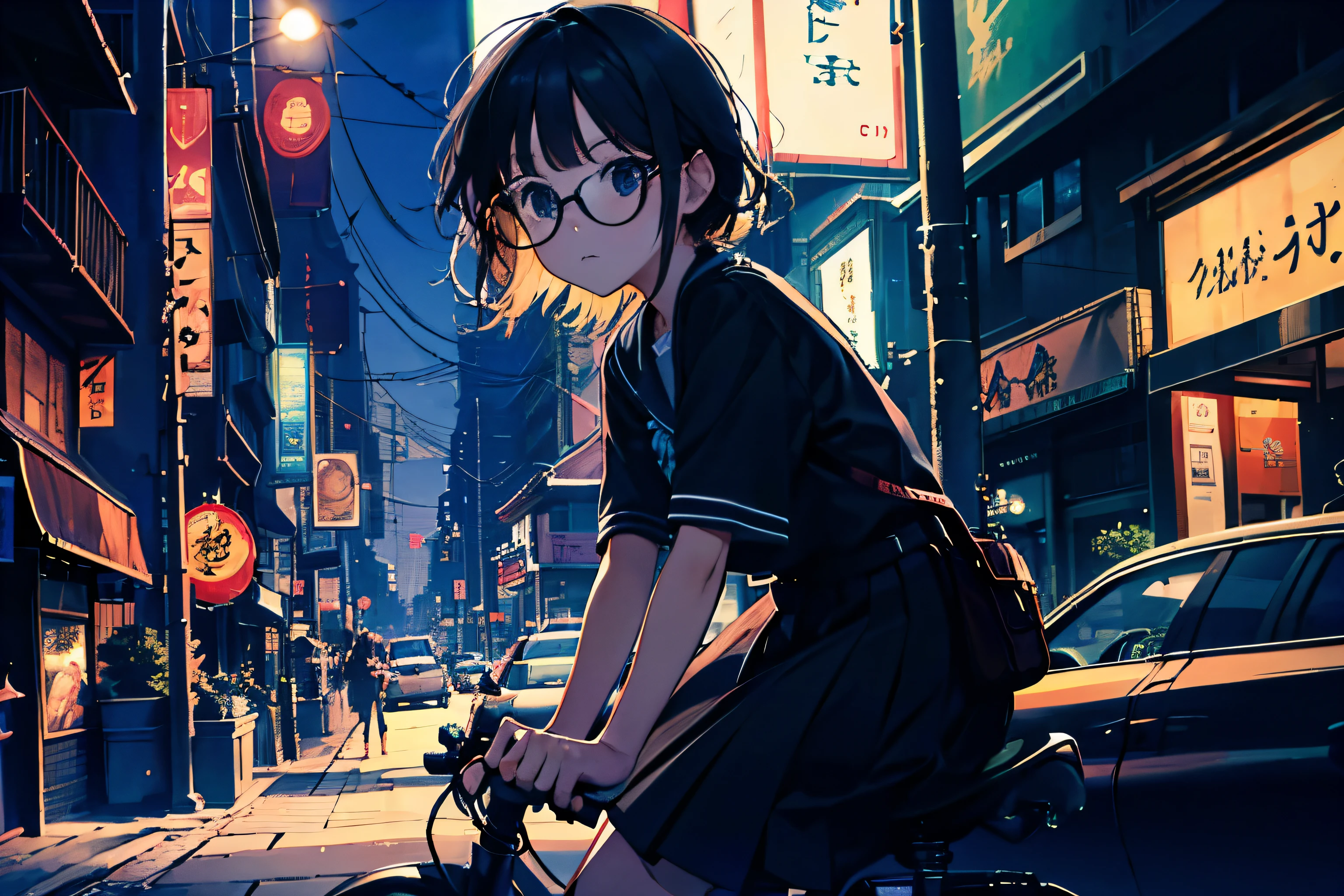 (at night),In a busy downtown area at night, while passersby are bustling about, a middle school girl in a sailor uniform is riding in a foreign car driven by a man wearing sunglasses and an Hawaiian shirt, sticking her head out of the passenger seat and looking out at the street. 