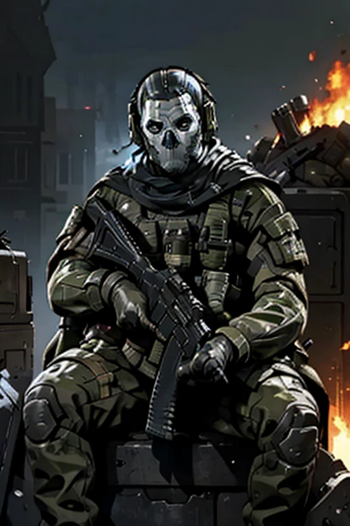 (masterpiece), best quality, expressive eyes, perfect face,(call of duty modern warfare) ,(ghost) , sitting on trunk , ruins in fire on back ground, detailed background, sad eyes, tired of fighting, ghostmask