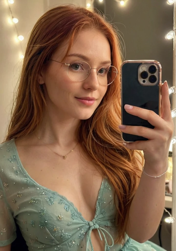 ((very grainy low resolution:1.2))
 iphone mirror selfie
redhead long flowing hair, woman holding iphone pro
bedroom at night, cluttered, messy, ((petite))
 slight smile, wearing glasses
sitting,
(soft lighting, fairy string lights,), low key dark lighting,