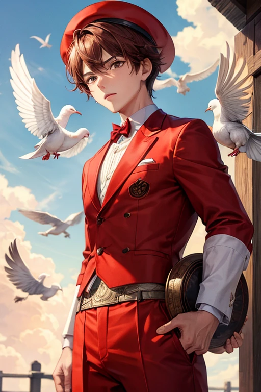 Boy with reddish brown hair Peruvian suit red shirt white pants black eyes slim complexion pigeon wings on his back Peruvian hat surrounded by doves orejas de llama